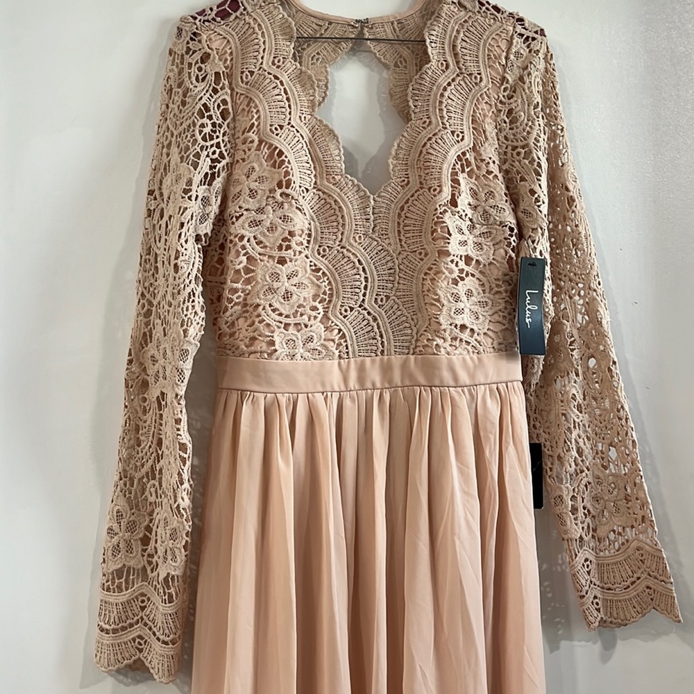Long sleeve lace light pink bridesmaid dresses.